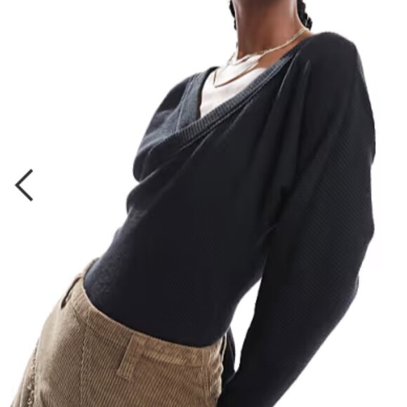 Ribbed wrap long sleeve bodysuit in black - Picture 1 of 2